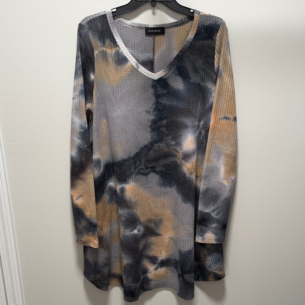 Women’s Rae Mode Black, Grey and Brown Waffle Long Sleeve Swing Dress Size Large